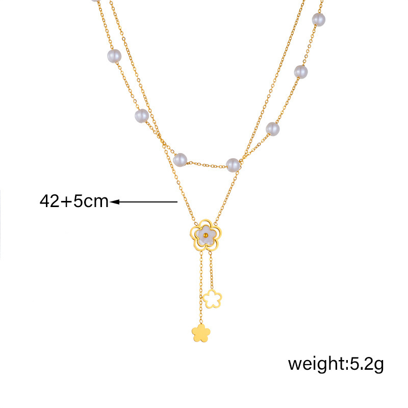 Stylish and simple double-layered pearl flower chain tassel pendant titanium steel necklace
