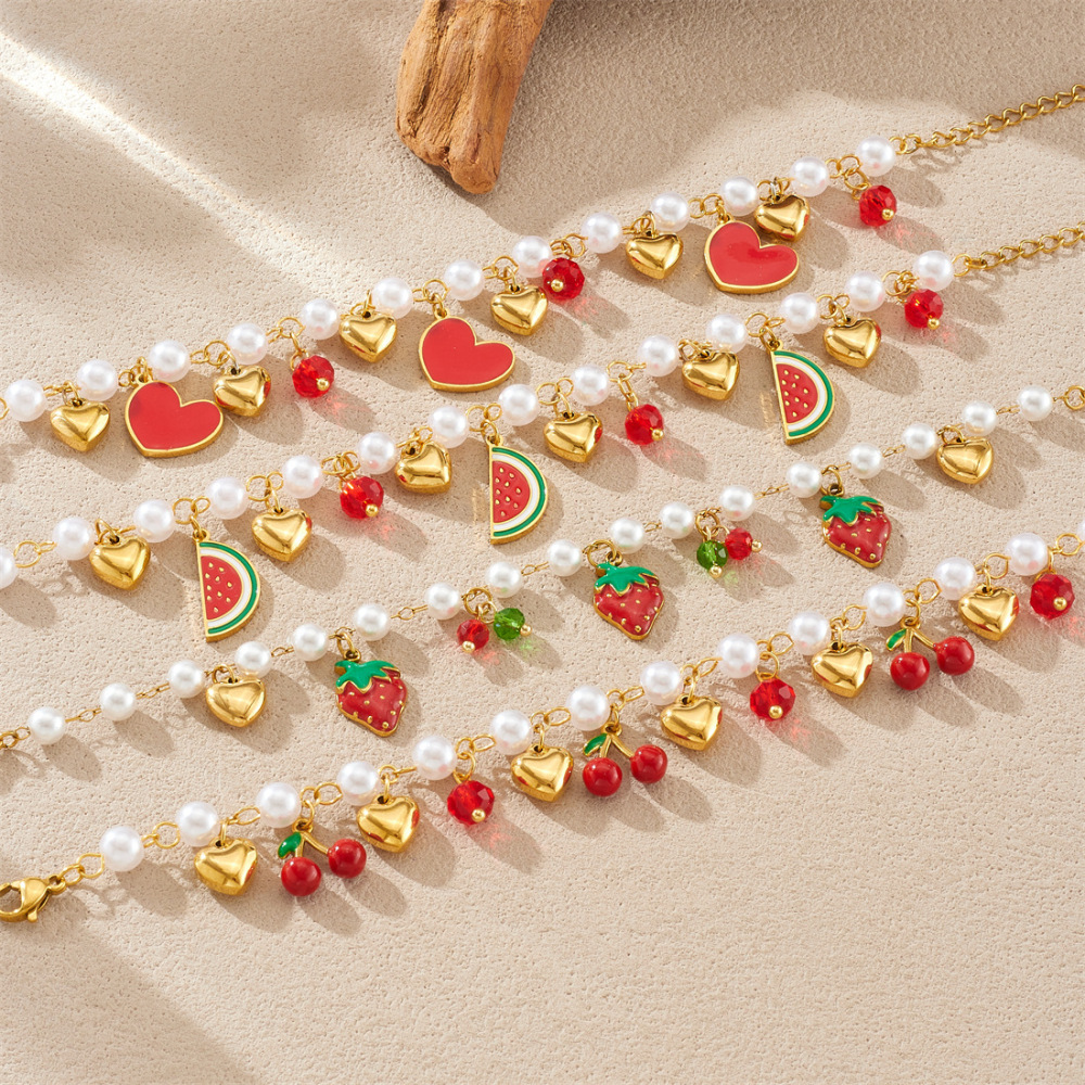 Korean-style fashionable and sweet design fruit series pearl chain gold-plated strawberry cherry watermelon pendant bracelet