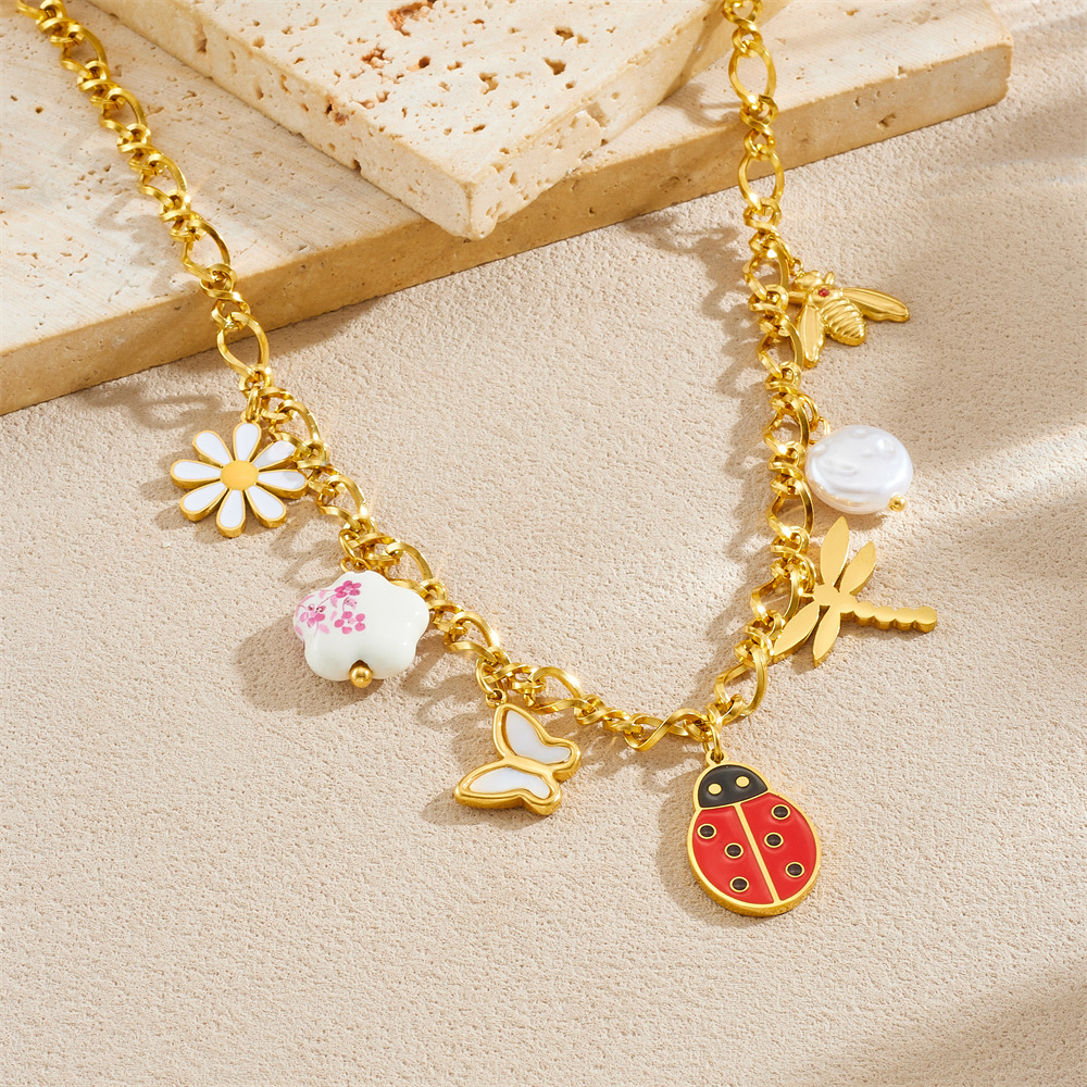 Korean Style Fashionable Creative Cartoon Multi-Element Accessories Insect Dripping Flowers Dragonfly Ladybug Stainless Steel Jewelry Set