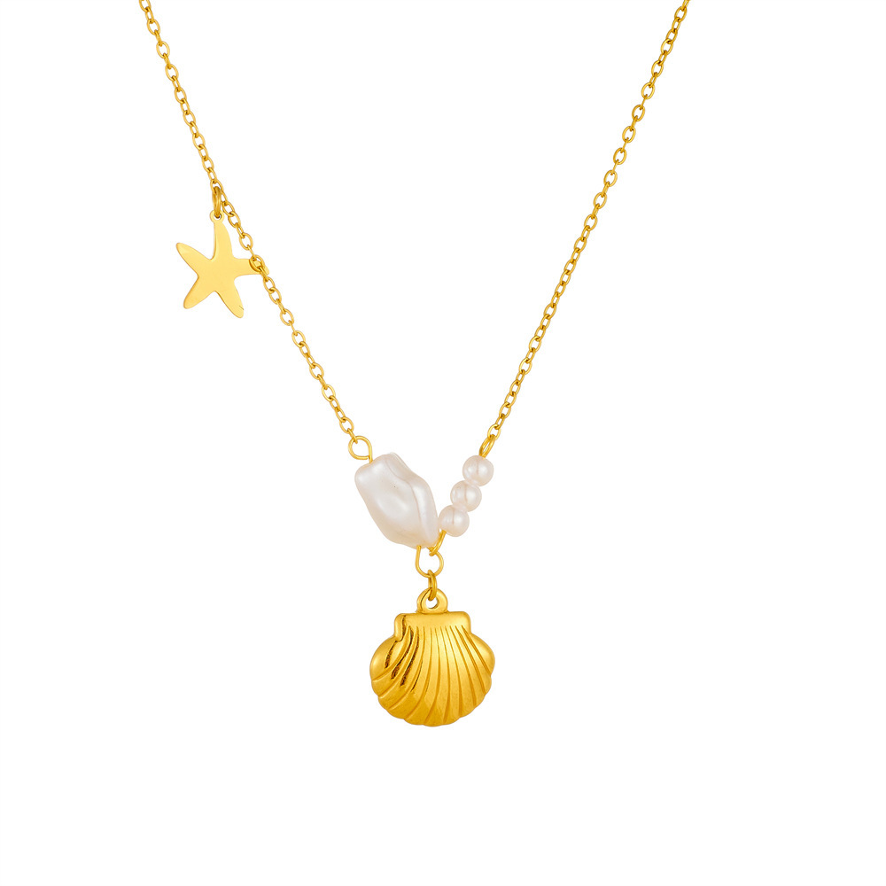 Korean style, fashionable, creative, simple, irregular pearl, starfish, and scallop pendant, stainless steel chain, gold-plated necklace.