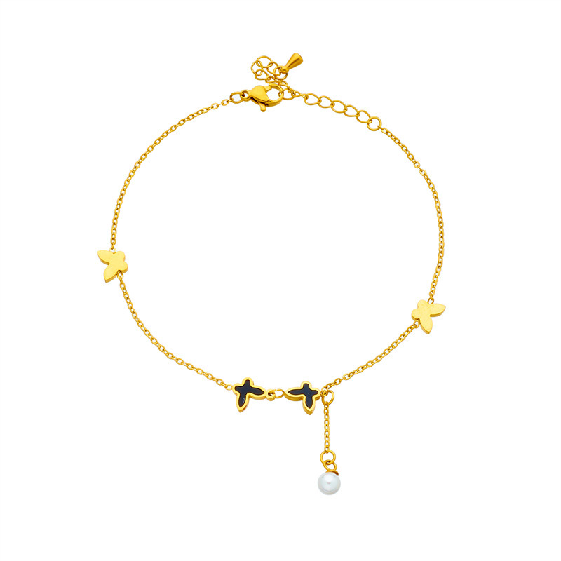 Korean style, fashionable, simple, trendy pearl chain with tassels and butterfly accessories, beach style, metal titanium steel anklet.