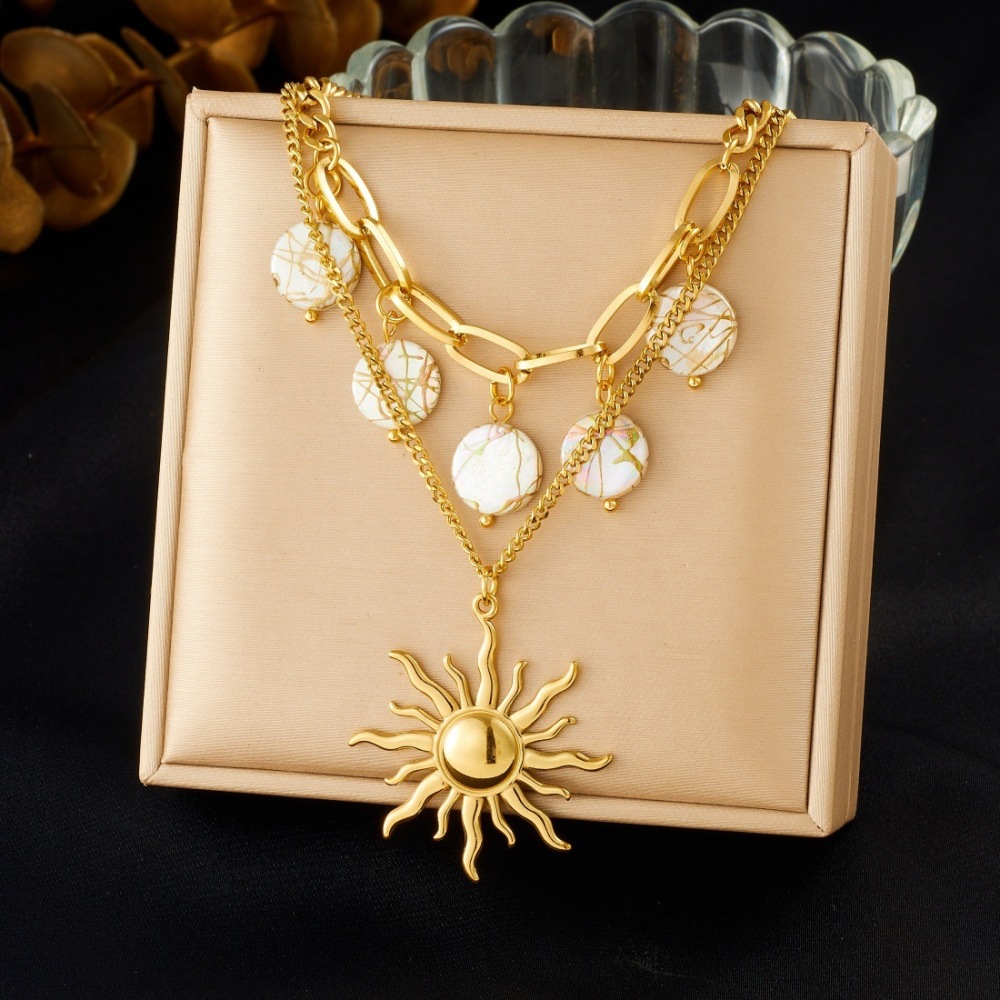 Cross-border fashion retro stainless steel sun-plated gold pendant geometric round pendant double-layer necklace