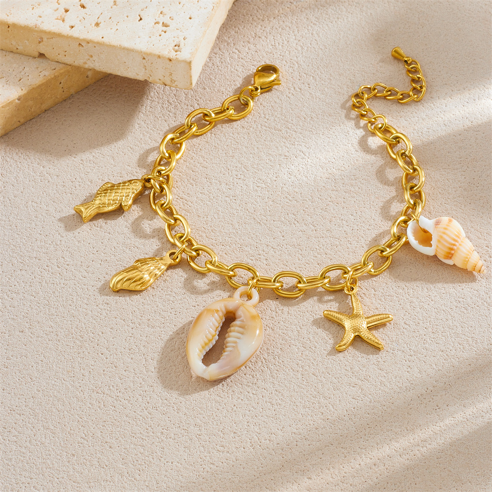Trendy niche cross-border new ocean series beach style gold-plated conch, carp, starfish and seashell pendant bracelet