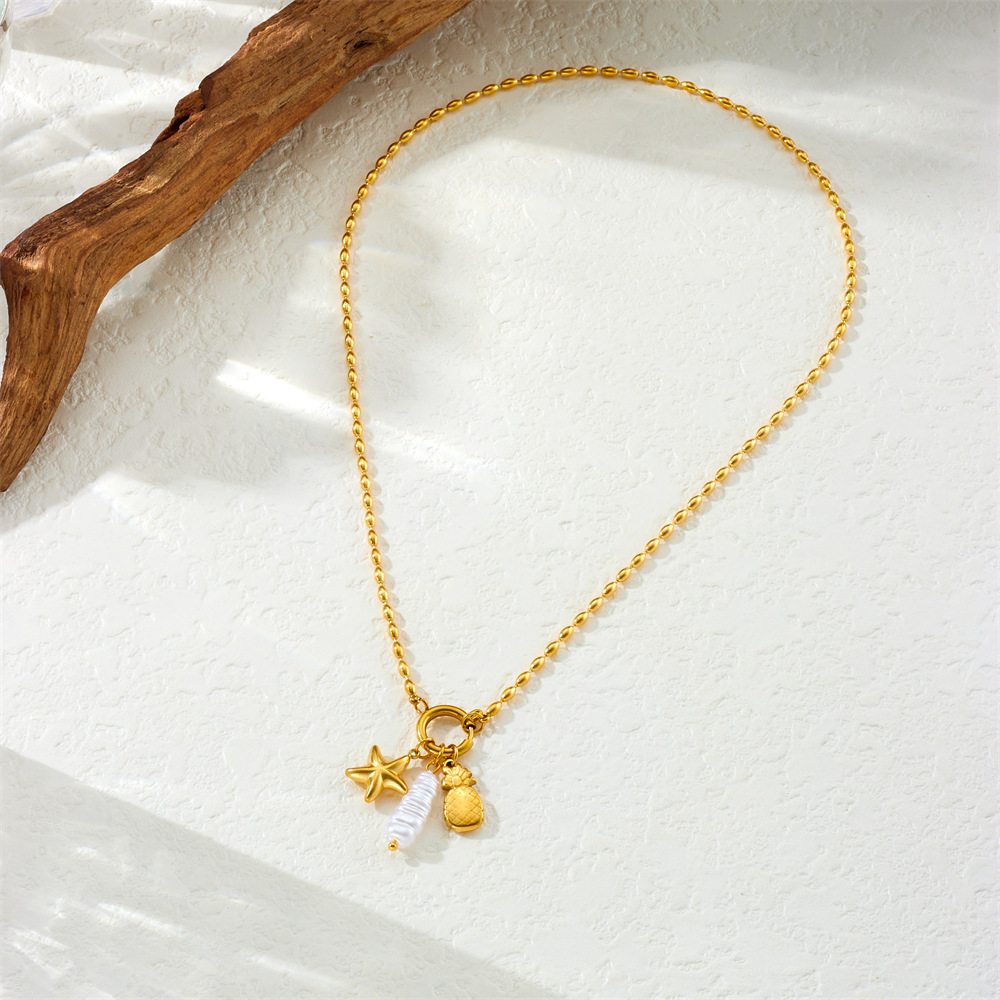Cross-border fashion creative personalized round buckle gold-plated starfish pineapple fruit pendant stainless steel bead chain necklace