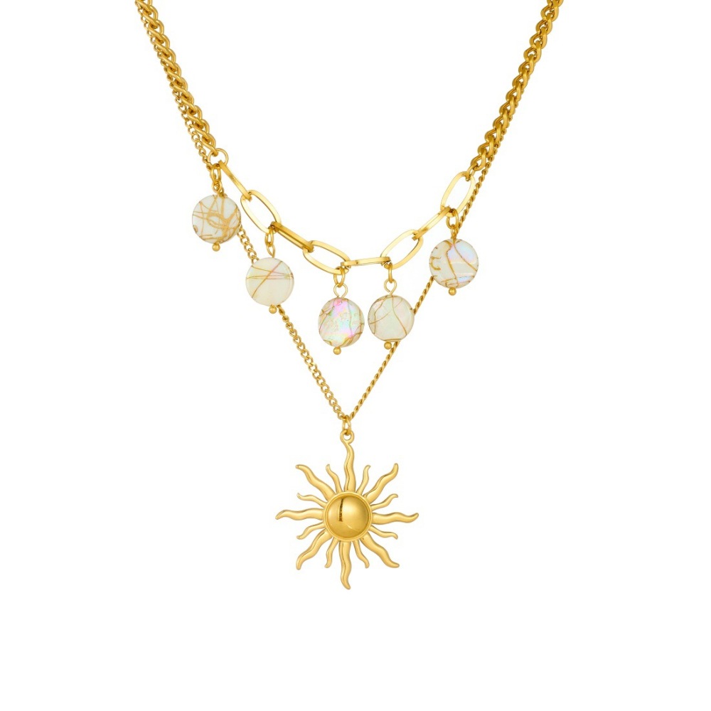 Cross-border fashion retro stainless steel sun-plated gold pendant geometric round pendant double-layer necklace