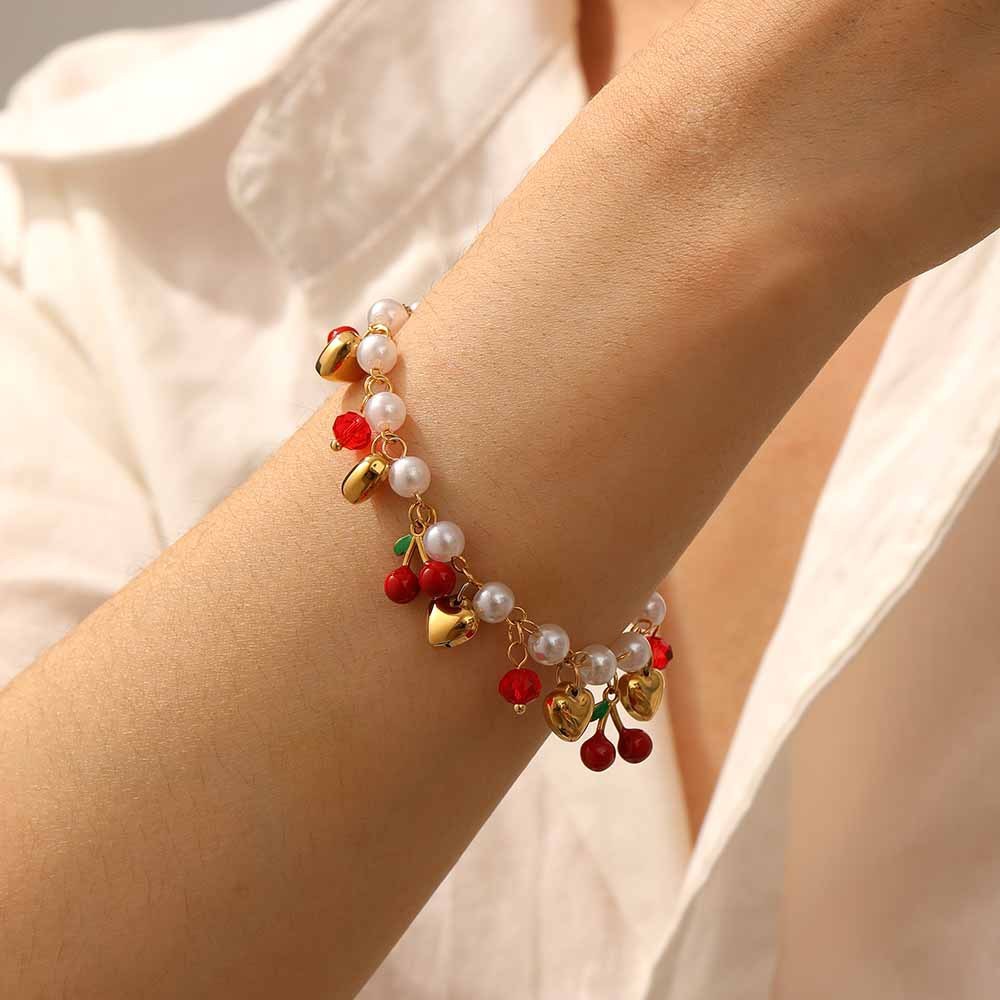 Korean-style fashionable and sweet design fruit series pearl chain gold-plated strawberry cherry watermelon pendant bracelet