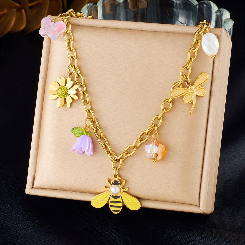 Fashionable new cross-border style pastoral style multi-element dripping cartoon bee sunflower dragonfly pendant stainless steel necklace