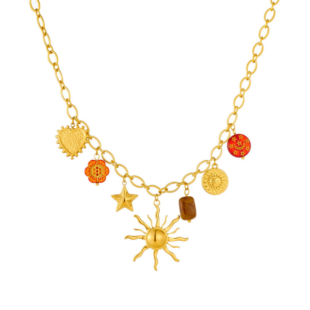 Cross-border fashion retro multi-element printed round moon flower star sun pendant chain necklace