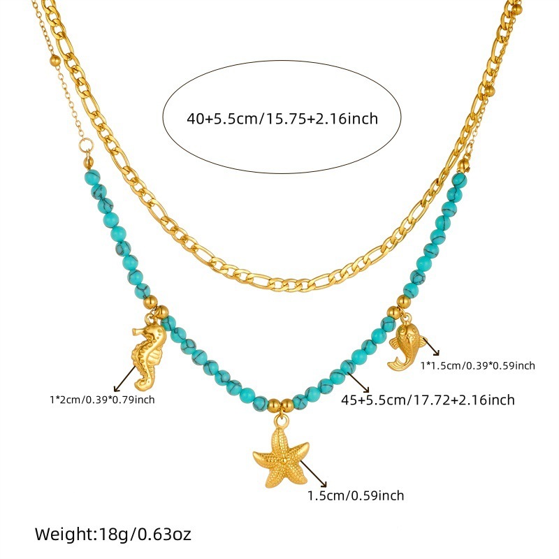 European and American cross-border retro ocean style gold-plated seahorse, carp, starfish stainless steel pendant turquoise beaded chain necklace