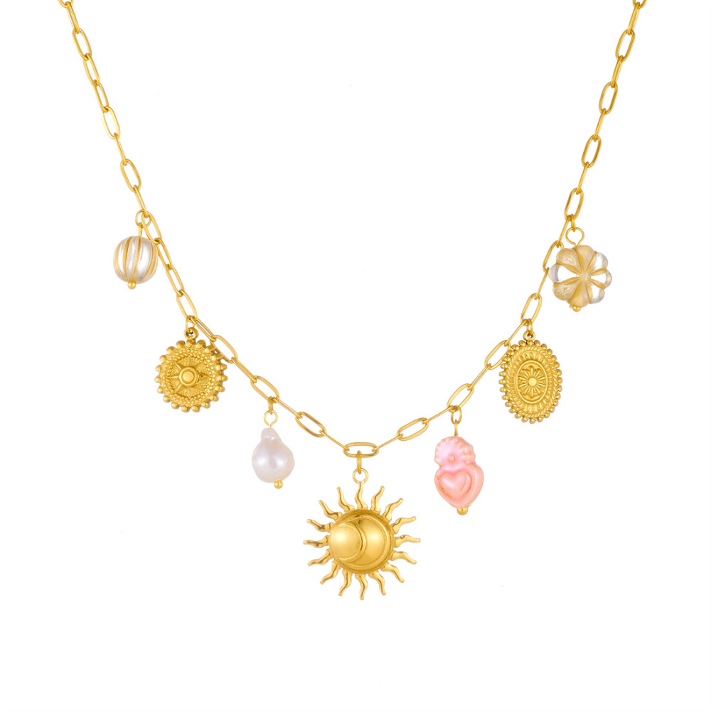 European and American cross-border fashion stainless steel bracelet and necklace set with light luxury retro sun round pendant and heart-shaped pendant for women.