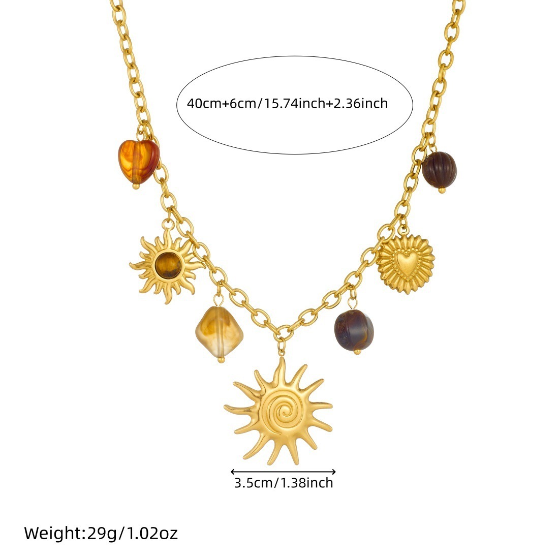 European and American cross-border fashion retro gold-plated simulated tiger's eye stone accessories round plaque relief heart pendant necklace