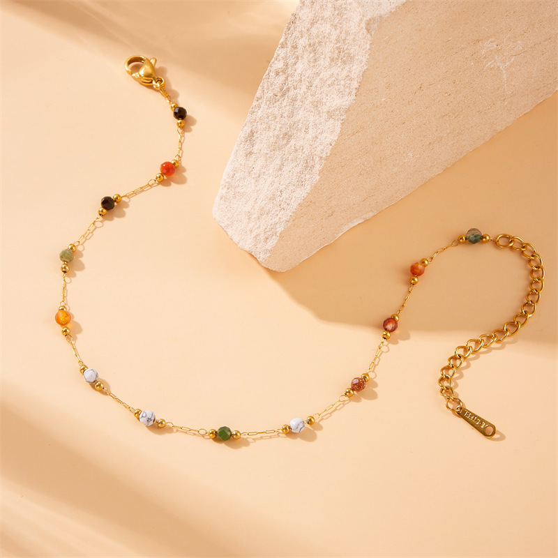 European and American style retro ethnic style colorful stone beaded chain stainless steel bracelet necklace anklet set
