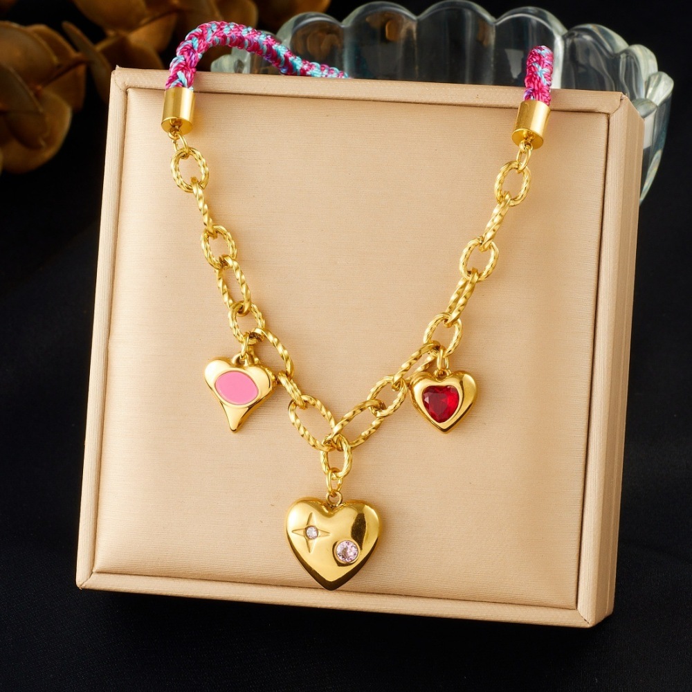 Cross-border fashion trendy sweet and cool pink and blue gradient hand-woven rope gold-plated chain diamond-encrusted heart-shaped necklace