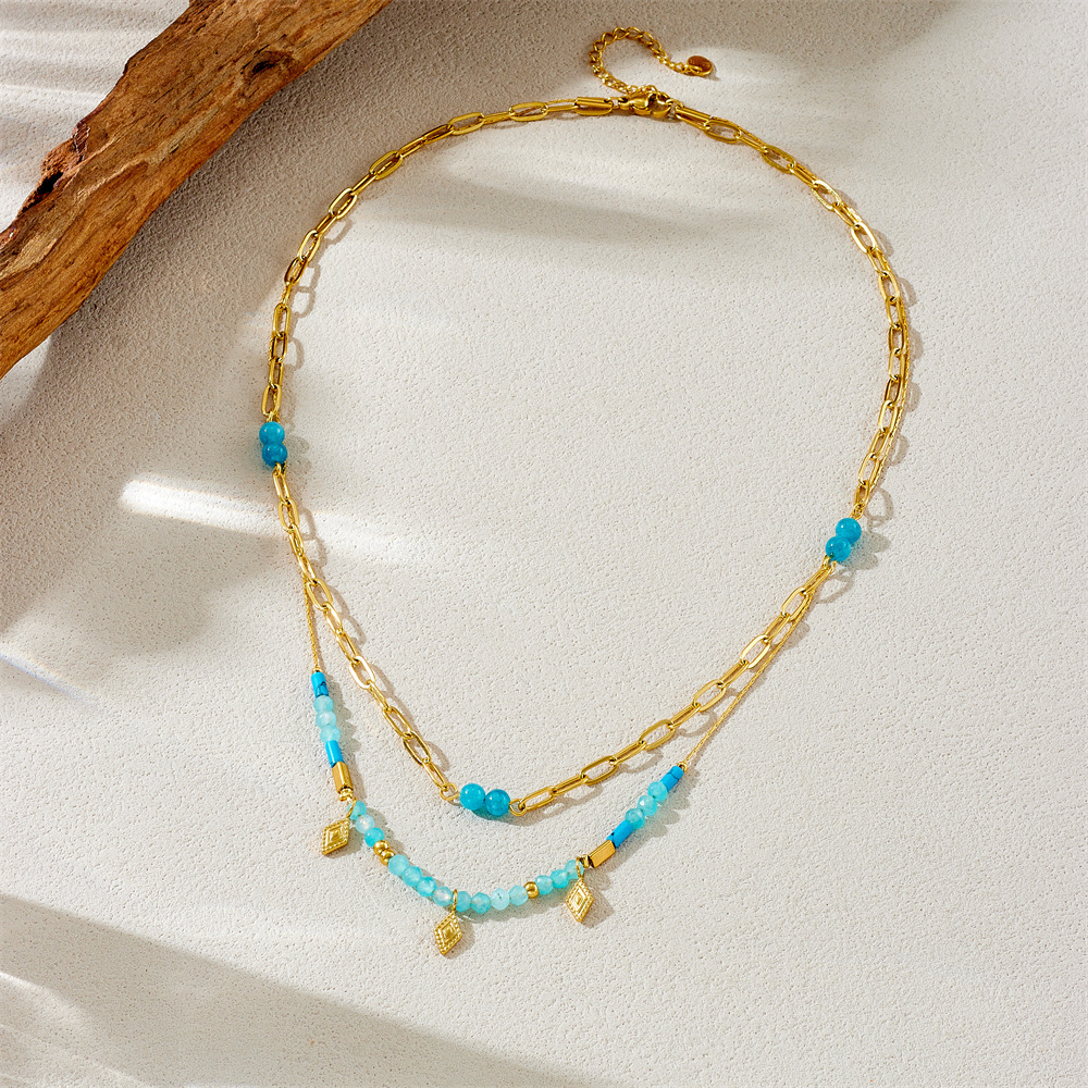Fashionable, cross-border retro South Asian style blue beaded stacked chain diamond-shaped accessories stainless steel O-shaped necklace