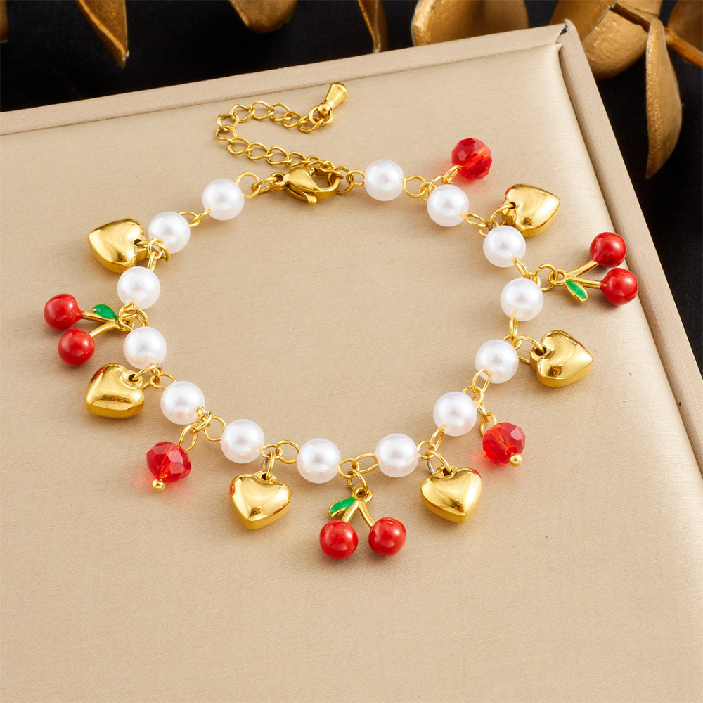 Korean-style fashionable and sweet design fruit series pearl chain gold-plated strawberry cherry watermelon pendant bracelet