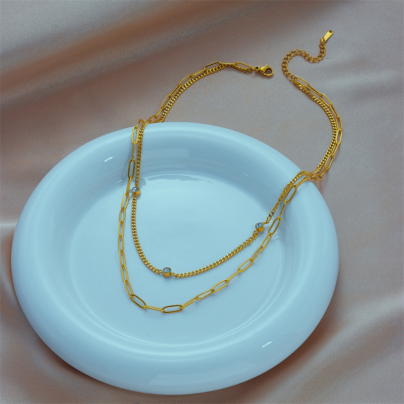 European and American style minimalist niche double-layer diamond-encrusted chain titanium steel metal hip-hop punk trendy versatile necklace