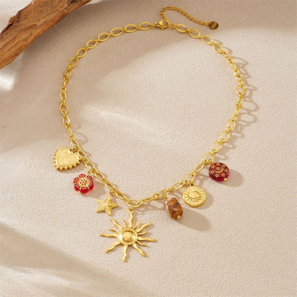 Cross-border fashion retro multi-element printed round moon flower star sun pendant chain necklace