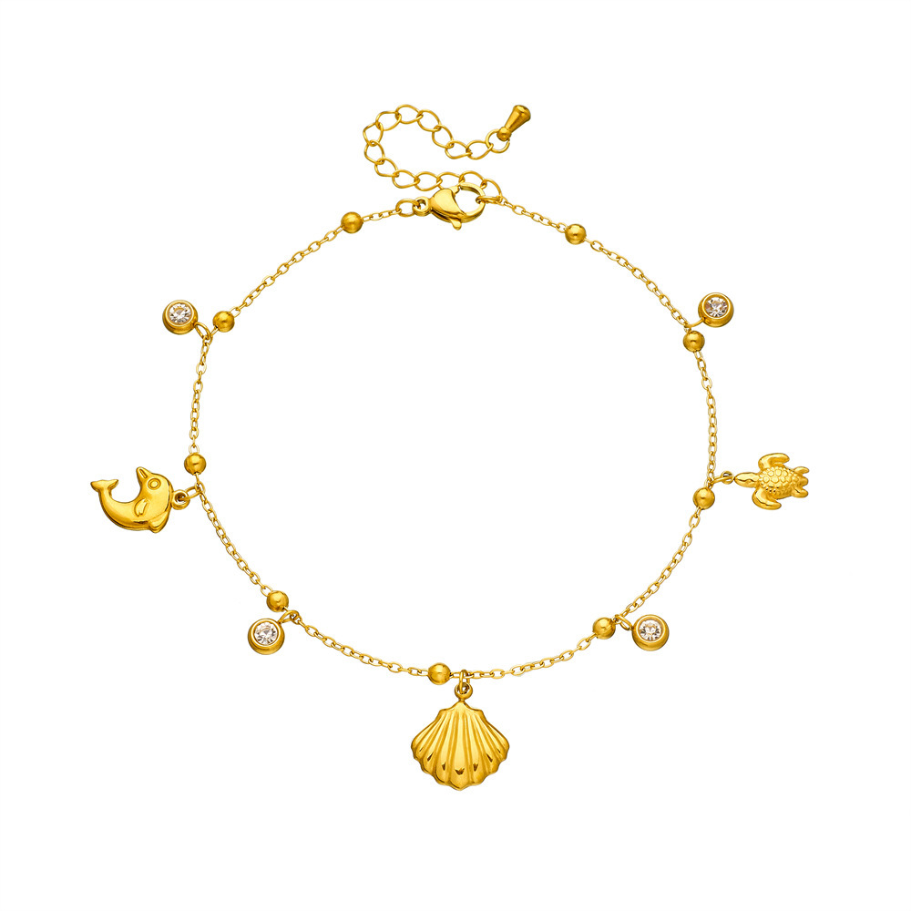 New stylish, simple, and versatile marine life pendant, gold-plated stainless steel turtle, dolphin, scallop chain anklet.