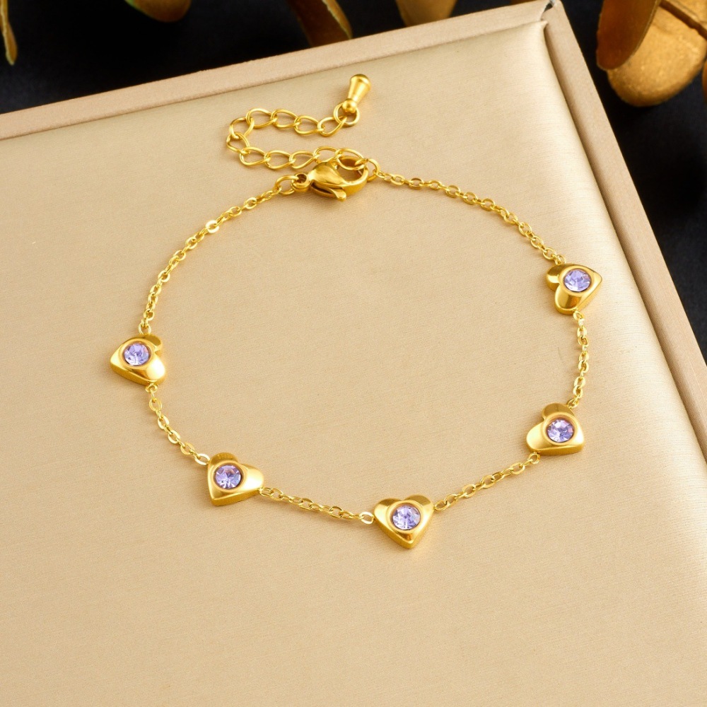 Korean-style fashionable and simple exquisite purple diamond-encrusted gold-plated heart-shaped accessory pendant jewelry three-piece set in stainless steel