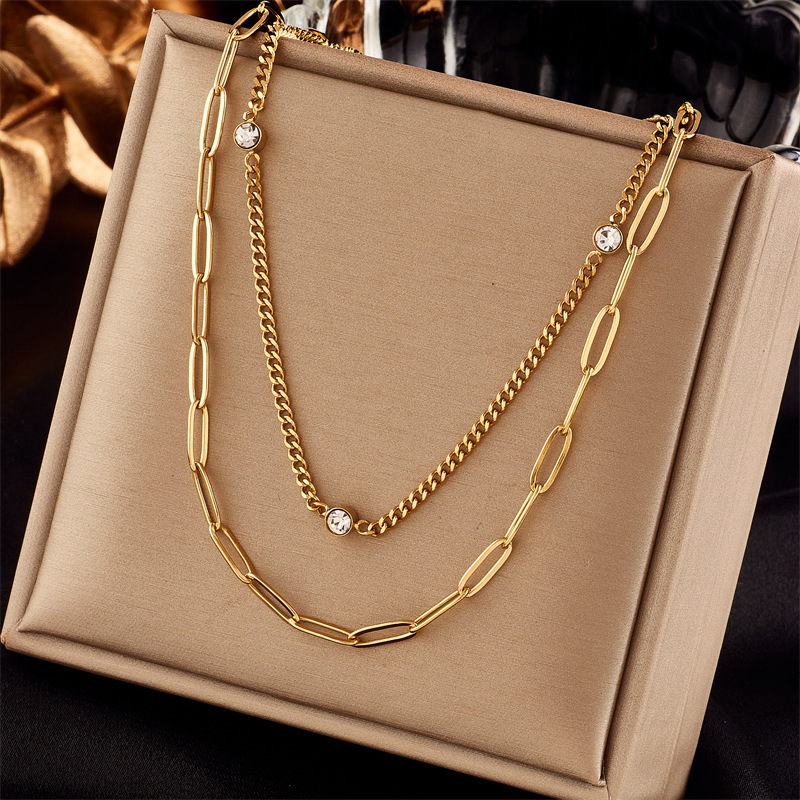 European and American style minimalist niche double-layer diamond-encrusted chain titanium steel metal hip-hop punk trendy versatile necklace