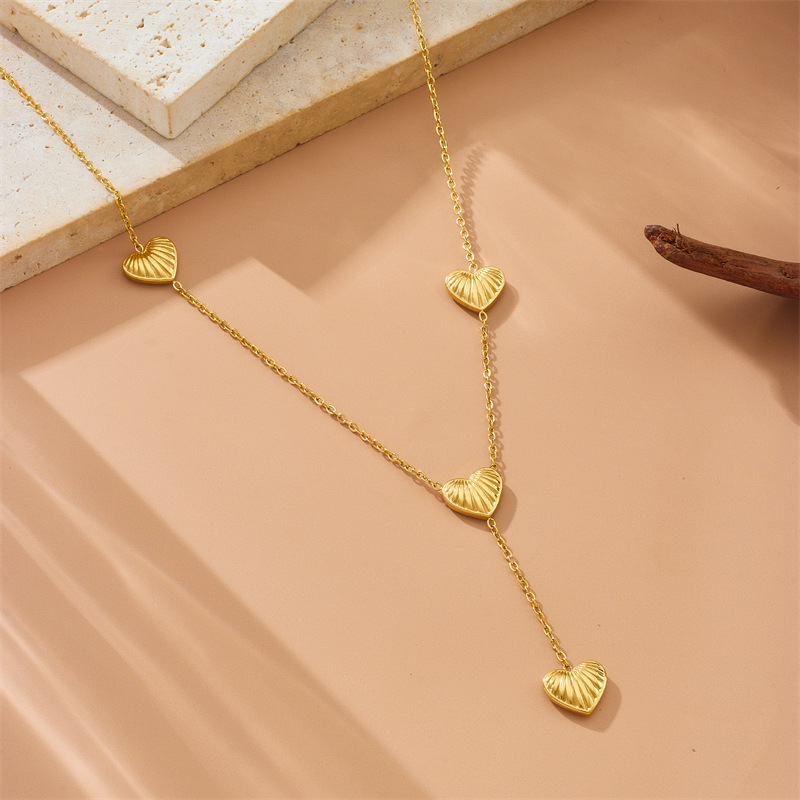 Cross-border fashion minimalist commuter striped heart tassel chain long stainless steel pendant jewelry necklace