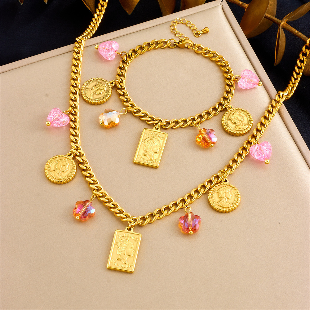 Cross-border versatile retro fashion butterfly portrait pendant necklace and bracelet light luxury high-end stainless steel jewelry set