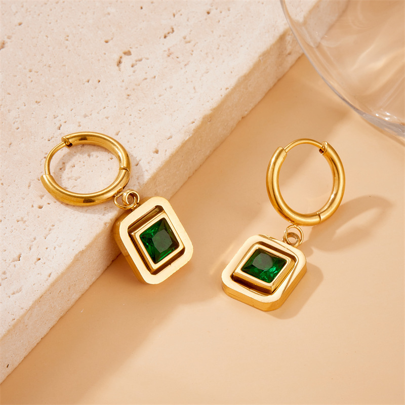 Cross-border fashion, retro style, square emerald geometric diamond-encrusted stainless steel earrings/studs