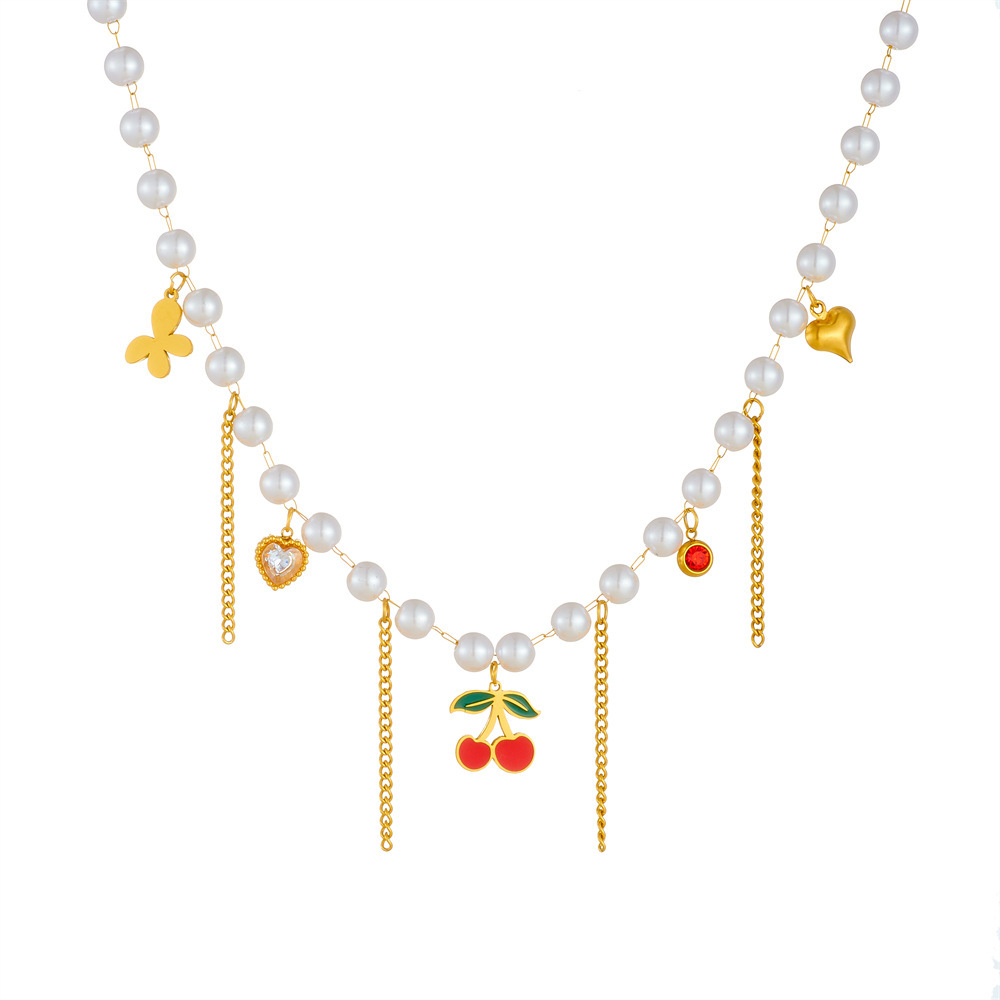 Korean style sweet and elegant pearl chain tassel drip cherry heart butterfly pendant necklace