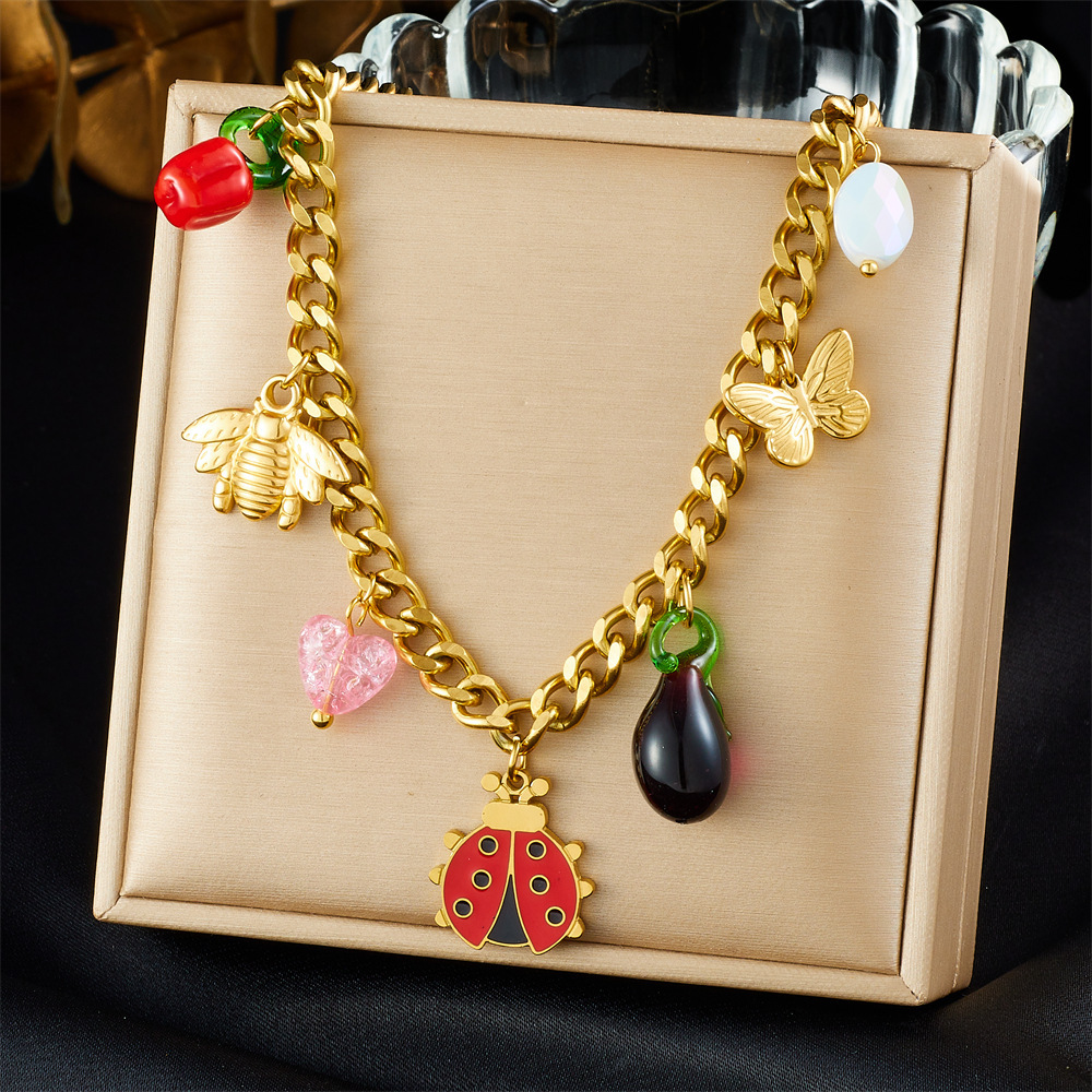 Fashionable new cross-border cute cartoon ladybug bee butterfly lantern chili pendant stainless steel set