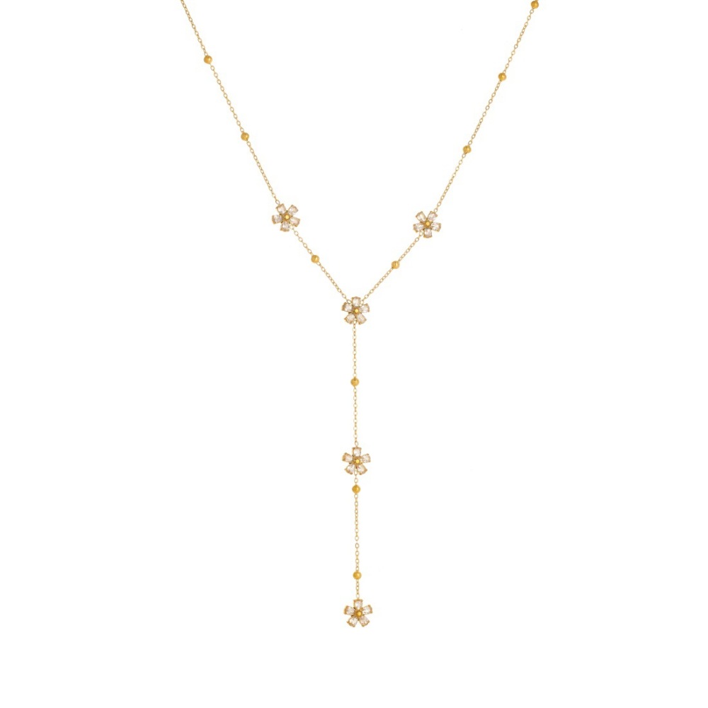 Korean style, fashionable, exquisite, simple, transparent, rhinestone-studded, flower-patterned, long tassel chain stainless steel gold-plated clavicle necklace