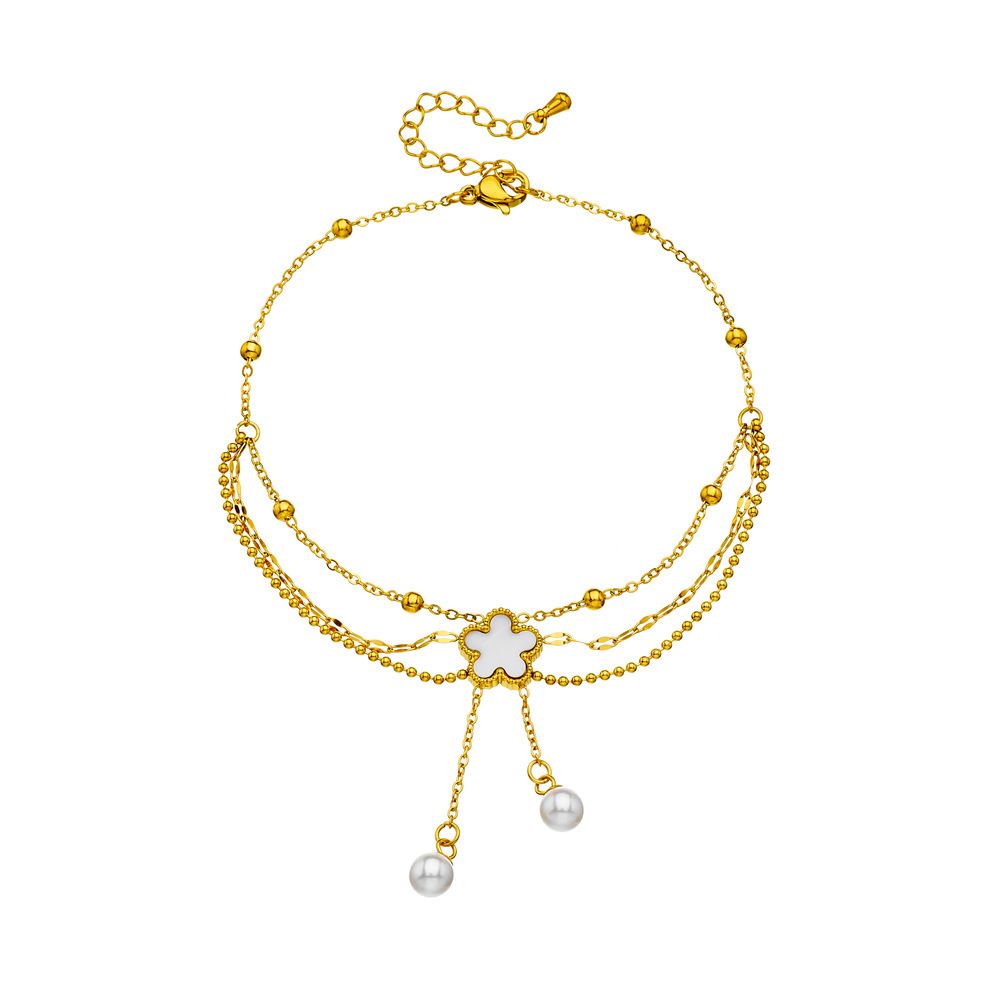 Korean style, trendy, unique, versatile pearl, shell, flower, tassel, chain, multi-layer stainless steel jewelry anklet.
