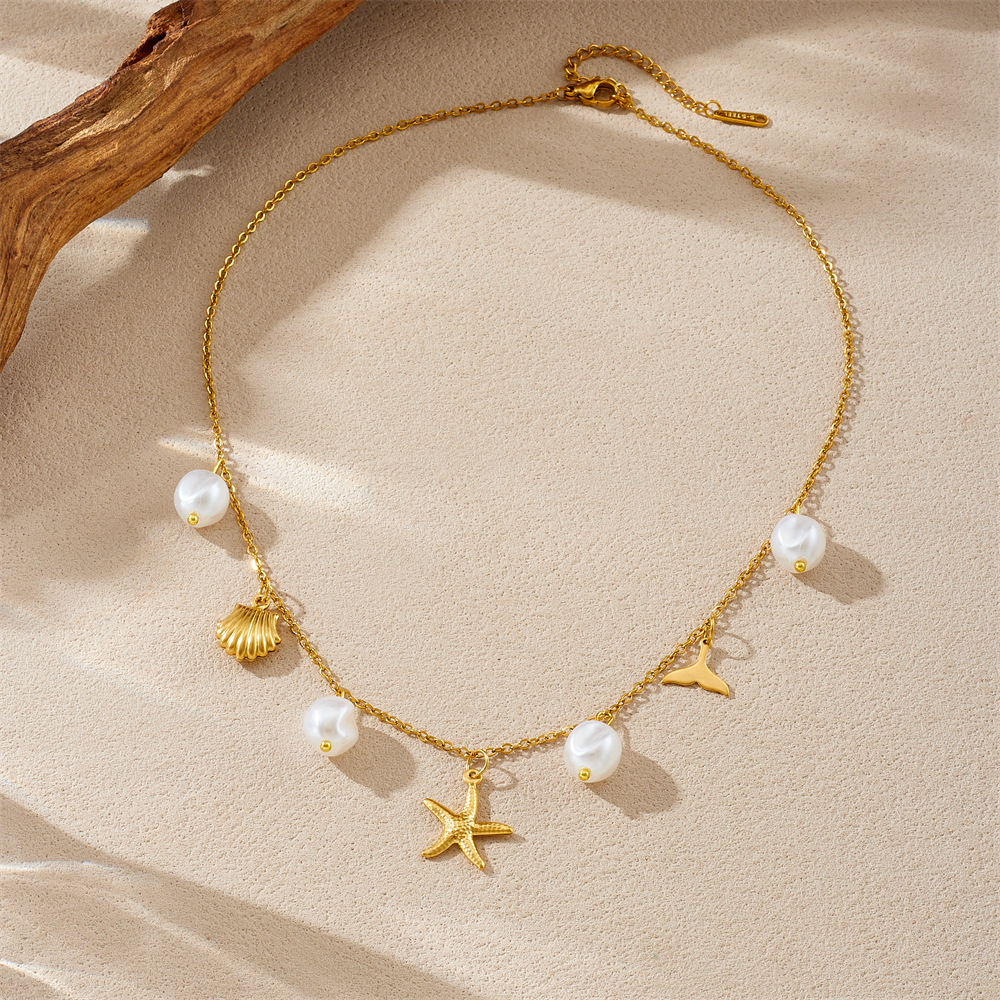 Fashionable, cross-border, simple, versatile, irregular pearl pendant, gold-plated starfish tail shell pendant, stainless steel necklace.