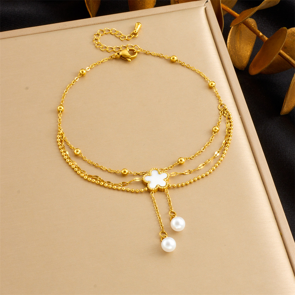 Korean style, trendy, unique, versatile pearl, shell, flower, tassel, chain, multi-layer stainless steel jewelry anklet.