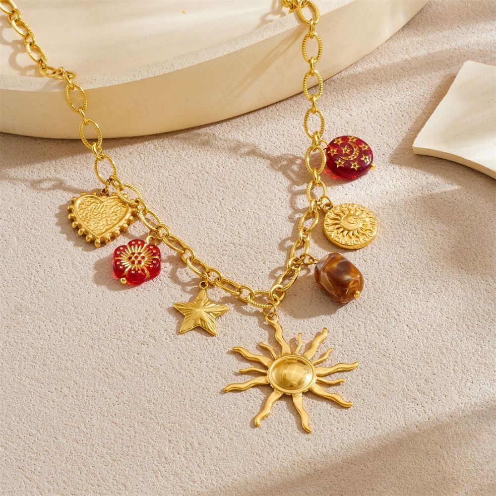 Cross-border fashion retro multi-element printed round moon flower star sun pendant chain necklace