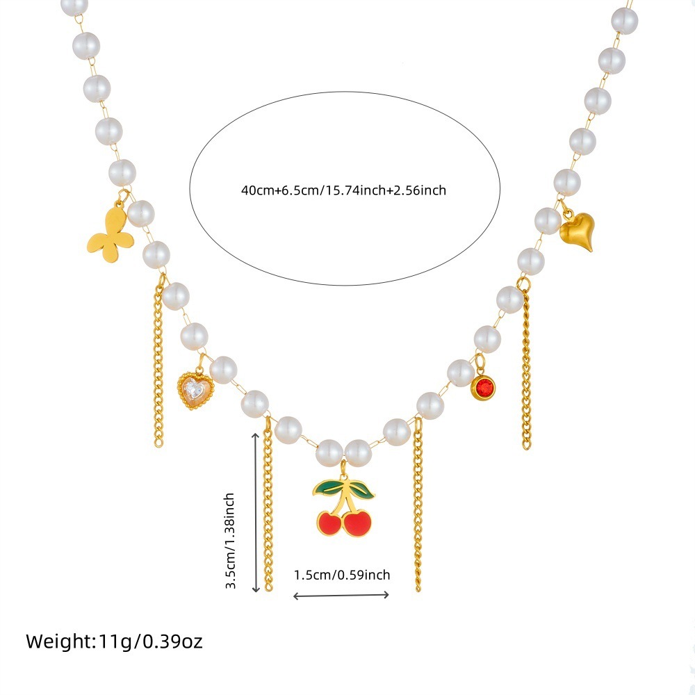 Korean style sweet and elegant pearl chain tassel drip cherry heart butterfly pendant necklace