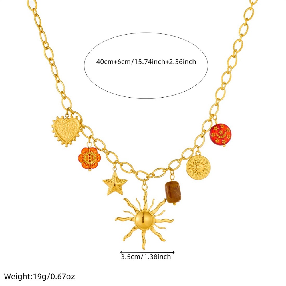 Cross-border fashion retro multi-element printed round moon flower star sun pendant chain necklace