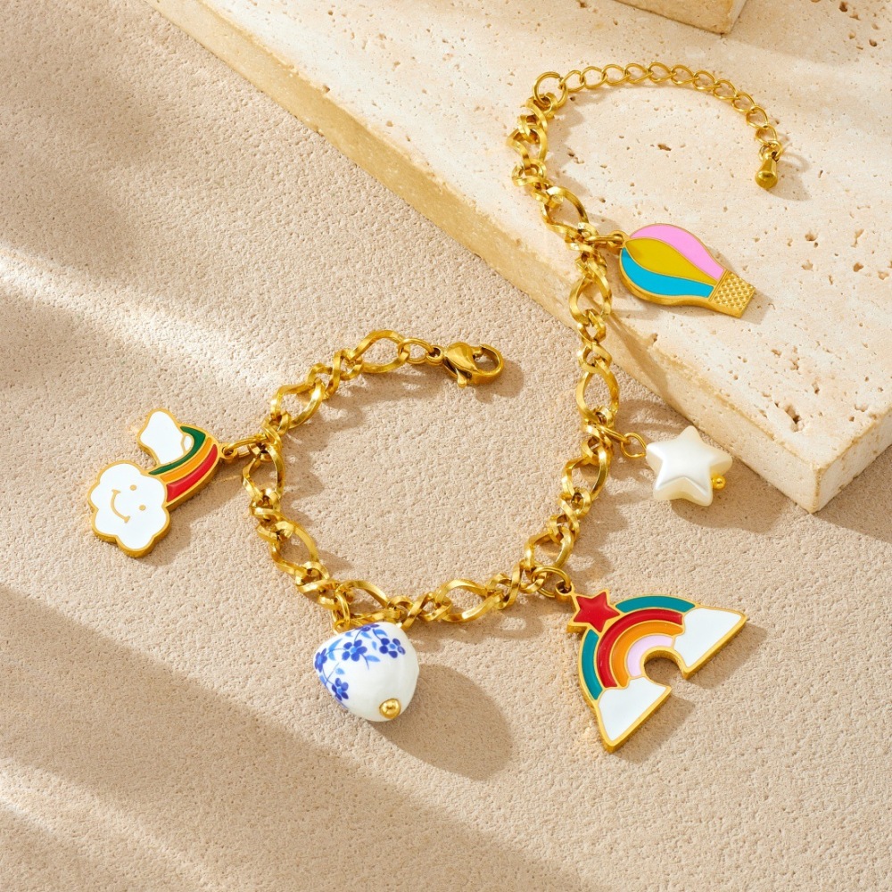 Fashionable Cartoon Sweet and Cute Colorful Oil Drip Hot Air Balloon Rainbow Pendant Heart-Shaped Ceramic Accessories Jewelry Set