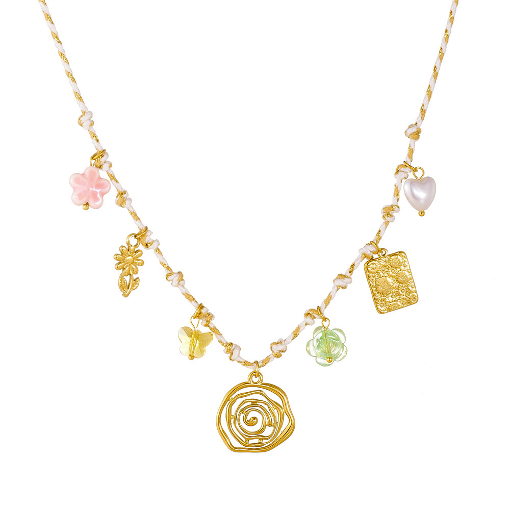 New cross-border fashion and personalized DIY knotted braided rope flower heart square sun wheel gold-plated pendant necklace