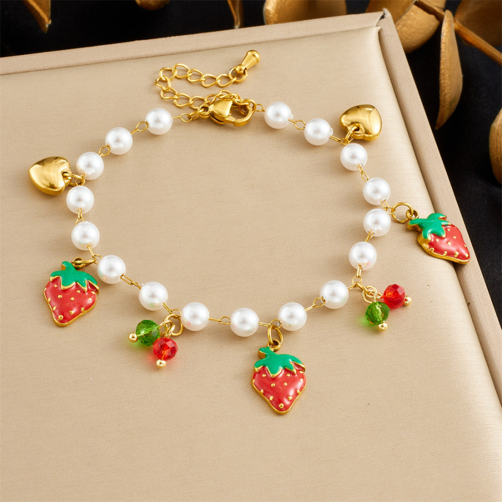 Korean-style fashionable and sweet design fruit series pearl chain gold-plated strawberry cherry watermelon pendant bracelet
