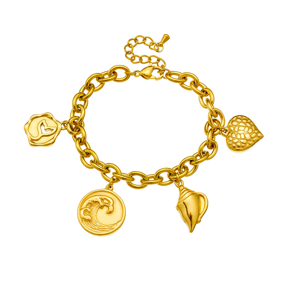 New European and American style gold-plated retro fashion round pendant with wave, conch, and fishtail design, stainless steel jewelry for women's bracelets.