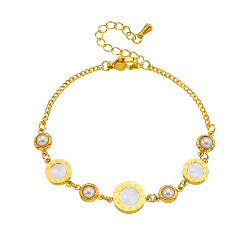 French retro high-end white mother-of-pearl Roman numeral bracelet with spaced pearls, stainless steel chain, fashionable and versatile.