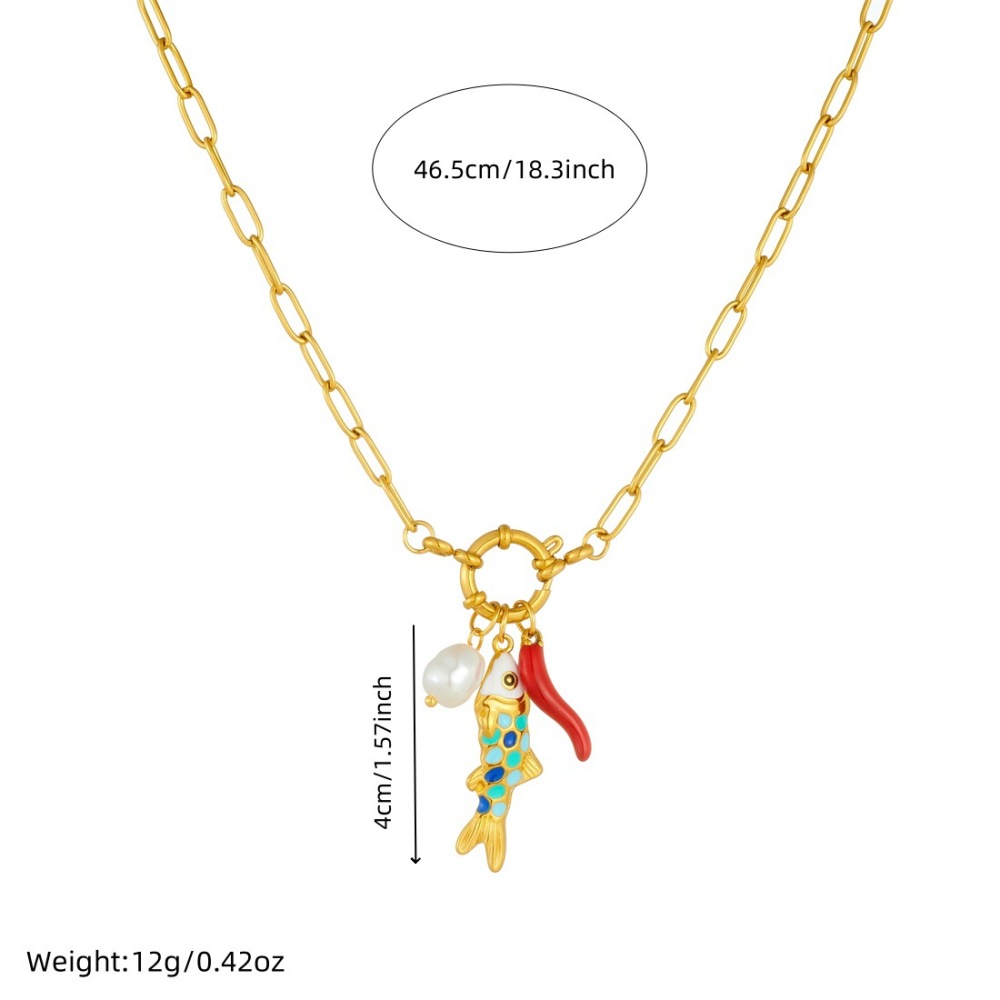 Niche Fashion Ocean Cartoon Colorful Oil-Drip Fish Pendant, Faux Pearl Chili Pepper Pendant, Round Spring Clasp Necklace