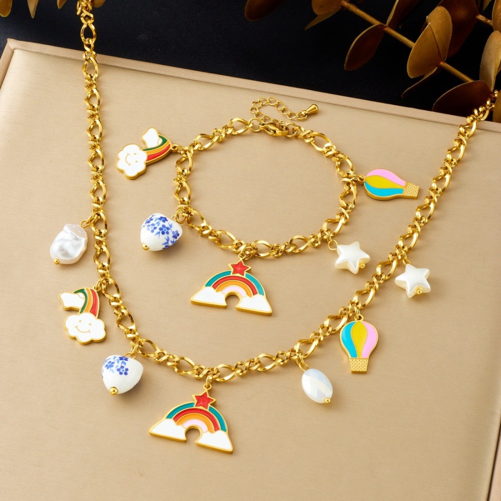Fashionable Cartoon Sweet and Cute Colorful Oil Drip Hot Air Balloon Rainbow Pendant Heart-Shaped Ceramic Accessories Jewelry Set