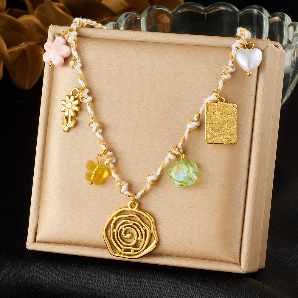New cross-border fashion and personalized DIY knotted braided rope flower heart square sun wheel gold-plated pendant necklace