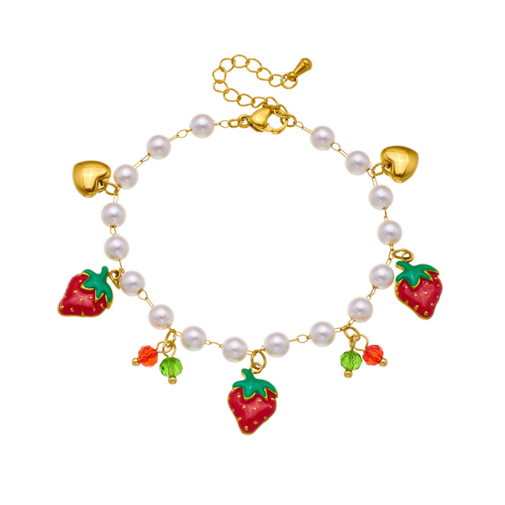 Korean-style fashionable and sweet design fruit series pearl chain gold-plated strawberry cherry watermelon pendant bracelet