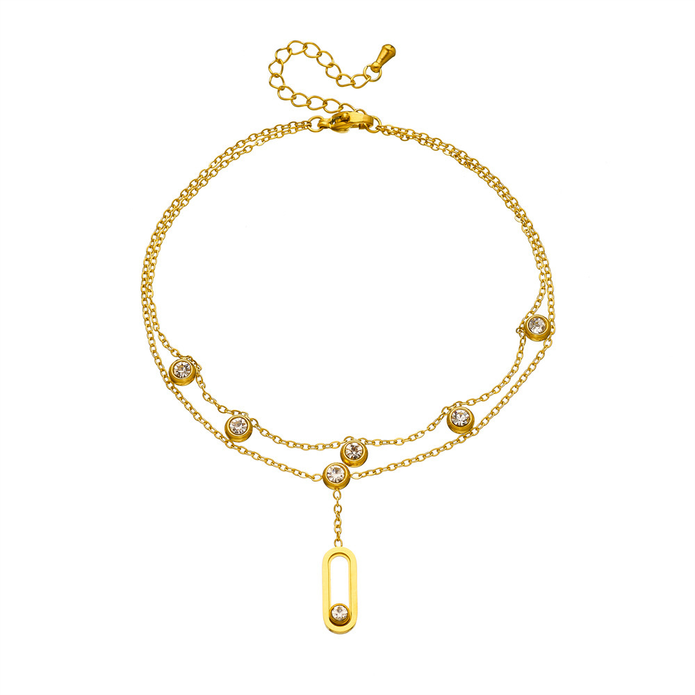 Fashionable niche design, understated luxury, high-end feel, gold-plated stackable stainless steel double-layer chain, diamond-encrusted geometric anklet