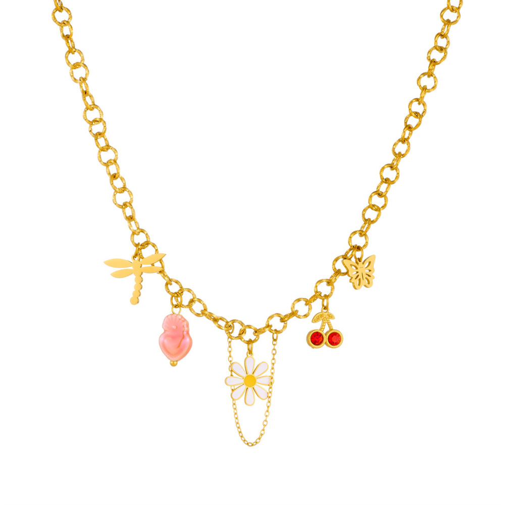 Dopamine-infused, fresh and sweet style jewelry, elegant and versatile, high-end clavicle chain with oil-drop daisy and cherry design.
