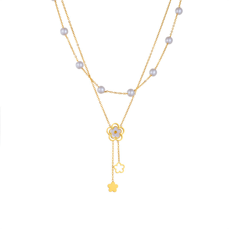 Stylish and simple double-layered pearl flower chain tassel pendant titanium steel necklace