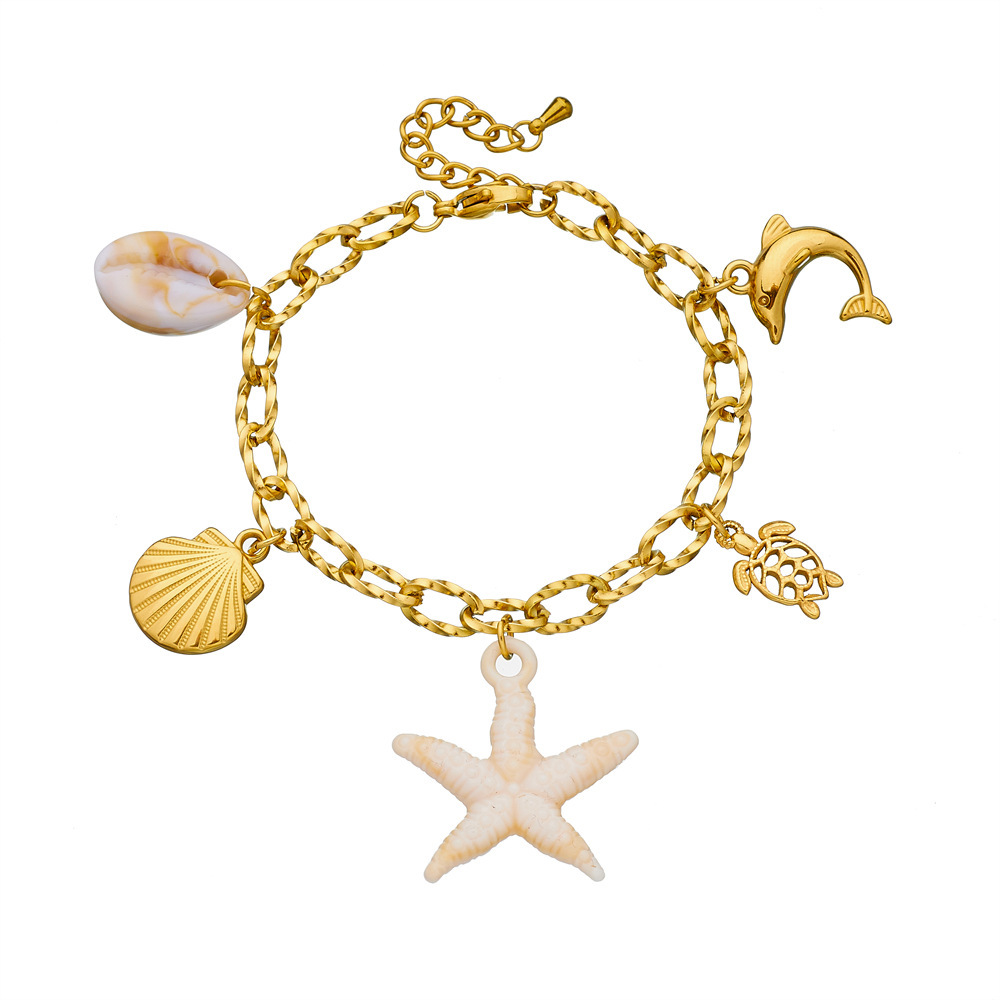 Fashionable, creative, and unique ocean-themed series of starfish, scallop, turtle, and dolphin pendants with chunky chains and stainless steel bracelets.