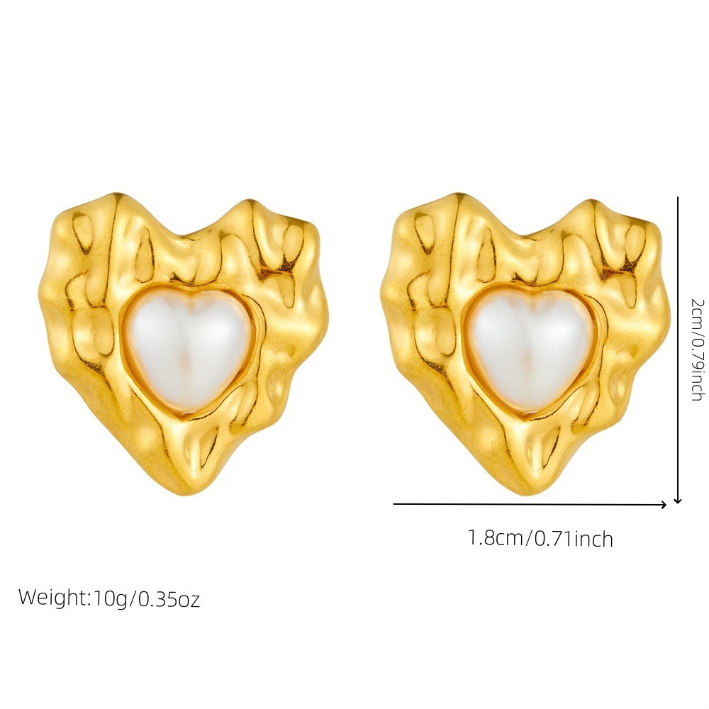 Cross-border fashion niche design, irregularly shaped, pearl-inlaid heart-shaped stainless steel French earrings